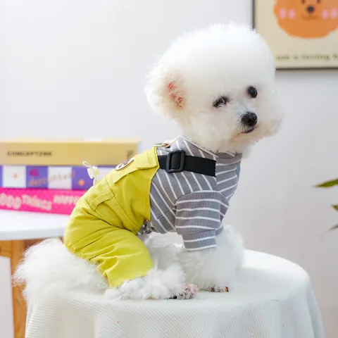 Cute Pet Dog Overalls Jumpsuit With Striped Shirt Autumn Winter Warm Puppy Cat Clothes Traction D-Ring Adjustable Straps Casual Pet Apparel