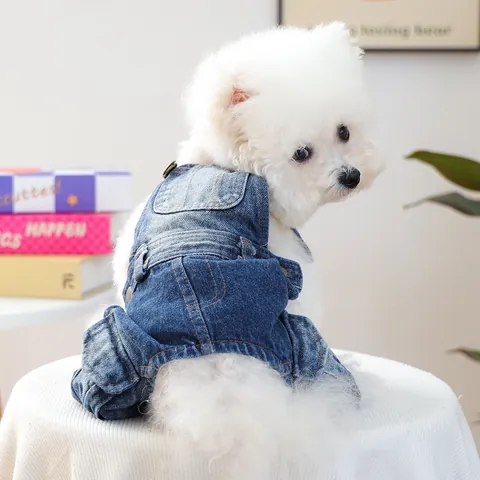 Pet Dog Cat Denim Overalls Warm Adjustable Buckle Pocket Blue Jeans Jumpsuit Puppy Kitten Clothes Small Medium Dogs