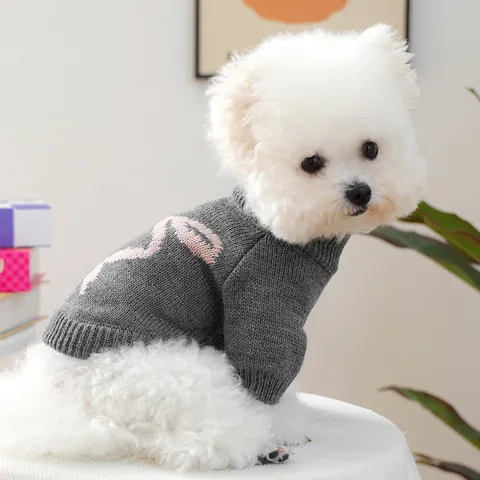 Pull Pour Chien Chaud En Tricot Acrylique Vêtements Chat Chiot Avec Motif Noeud Rose Hiver Automne Gris Vêtements Pour Chien