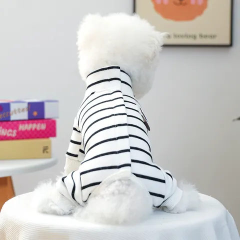 Gestreifter Haustier Hund Overalls Fleece Gefüttert Warmer Schlafanzug Vierbeinige Bekleidung Für Kleine Mittlere Hunde Casual