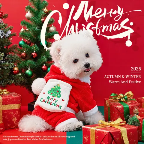 Mono de Cuatro Patas Temático de Navidad para Mascotas Perro Gato Forro de Polar Cálido Rojo Blanco Bordado Árbol de Navidad Ropa para Mascotas Ropa Festiva