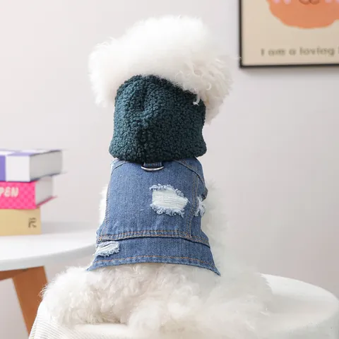 Huisdier Denim Vest Hoodie Warm Sherpa Fleece Voering Versleten Jeansjas Met Metalen D-ring Voor Kleine Honden Katten Kleding