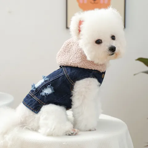 Pet Dog Denim Vest With Pink Faux Lamb Wool Hood Distressed Jean Jacket For Small Medium Dogs Cats Autumn Winter Warm Pet Clothes