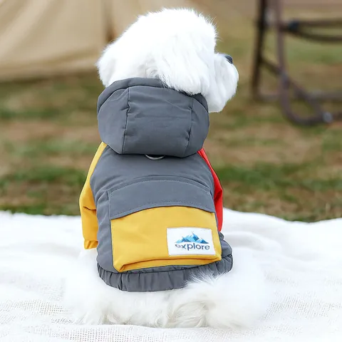 Huisdier Hond Kleurblok Capuchon Winterjas Fleece Gevoerd Gewatteerde Jas Met Lijn D-Ring Outdoor Avontuur Hondenkleding Voor Kleine Middelgrote Honden