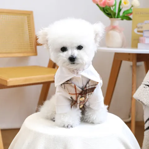 Ropa de Caballero para Mascotas Conjunto de Chaleco a Cuadros y Camisa Blanca para Perros Pequeños Gatos Estilo Británico