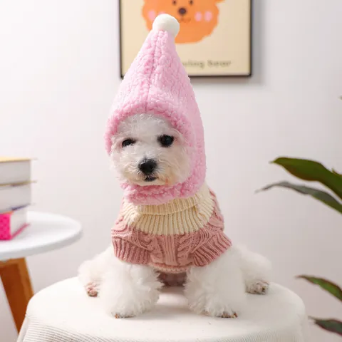 Pet Dog Cat Winter Warm Knitted Cable Sweater And Fleece Hat Set Pink Off White Button Decor Puppy Kitty Crochet Apparel