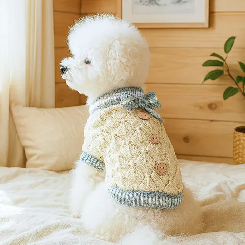 Gestrickter Haustier Pullover Für Hunde Katzen Rautenmuster Hohlstrick Winter Warme Hundekleidung Mit Schleife Holzknöpfen
