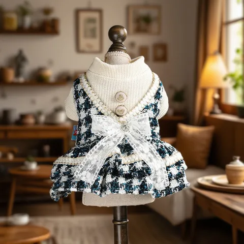 Elegante Huisdier Hond Kat Jurk Tweed Prinsessenstijl Kleding Met Kant Strik Voor Herfst Winter Kleine Honden Katten Kleding