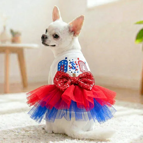 Huisdier Onafhankelijkheidsdag Jurk Hond Kat Tutu Rok USA Vlag Sterren Strepen Thema Pofjurk Met Pailletten Strik Voor Honden Katten