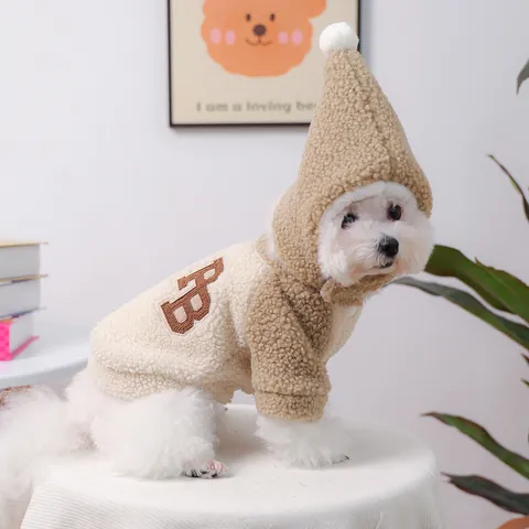 Winterwarme Lamswollen Huisdier Hoodie Jas Met Puntmuts Pom Pon Kleurblok Borduurwerk Zacht Hond Kat Sweatshirt Bovenkleding