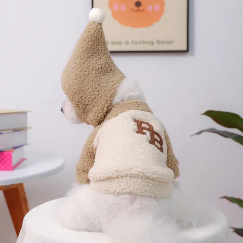 Winterwarme Lamswollen Huisdier Hoodie Jas Met Puntmuts Pom Pon Kleurblok Borduurwerk Zacht Hond Kat Sweatshirt Bovenkleding