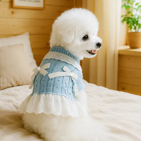 Dolce Vestito in Maglia per Cani Autunno Inverno Caldo Maglione Gonna per Cuccioli Con Fiocco in Pizzo Decorazione di Künstliche Perle per Cani Piccoli Gatti Rosa Blu