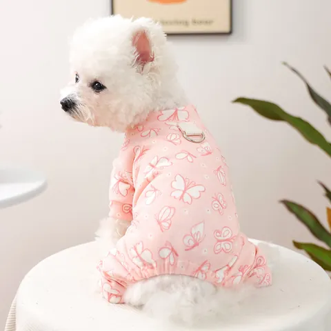 Weicher Warmer Haustier Jumpsuit Für Kleine Hunde Katzen Stern Schmetterling Druck Welpen Schlafanzug Mit Leinenring Kleidung