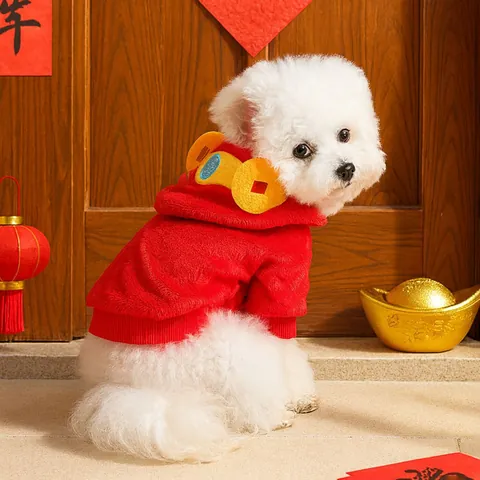 Festive Chinese New Year Pet Dog Clothing Red Tang Suit Embroidered Lion Dance Winter Warm Satin Plush Puppy Cat Vest Hoodie