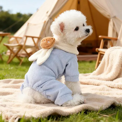 Pet Autumn Winter Warm Pajamas For Small Dogs Cats Cute Bear Rabbit Ears Ribbed Knit Soft Fleece Four-Legged Jumpsuit Clothing
