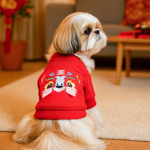 PETCIRCLE Red Chinese New Year Pet Dog Cat Hoodie Warm Polyester Fleece Coat With Festive Embroidery For Small Medium Dogs