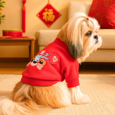 PETCIRCLE Red Chinese New Year Pet Dog Cat Hoodie Warm Polyester Fleece Coat With Festive Embroidery For Small Medium Dogs