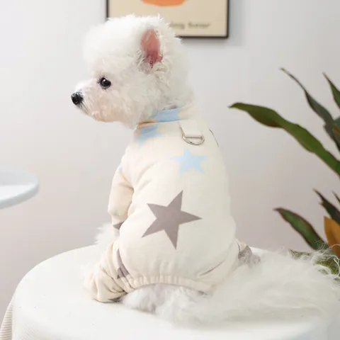 Weicher Warmer Haustier Jumpsuit Für Kleine Hunde Katzen Stern Schmetterling Druck Welpen Schlafanzug Mit Leinenring Kleidung