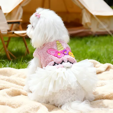 Unicorn Pet Dress Pink Sherpa Fleece Puppy Dog Princess Skirt Tulle Hem Floral Decoration Small Dog Cat Warm Clothes