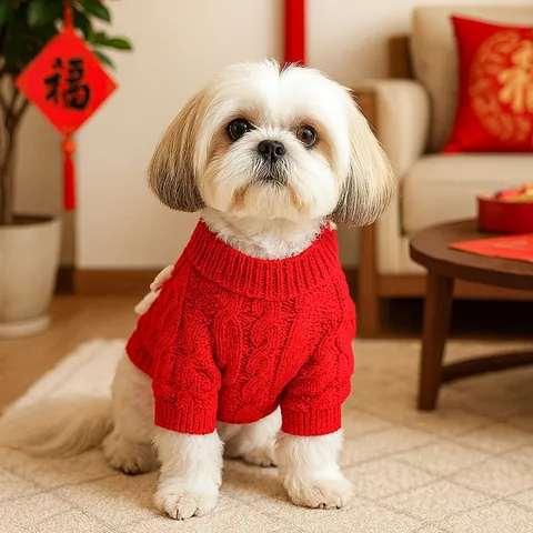 Festive Red Pet Winter Sweater Acrylic Knit Warm Dog Cat Clothes With White Bows For Small Dogs Christmas New Year Outfit