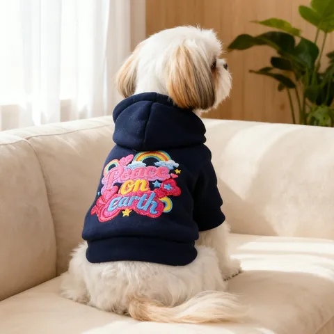 Calda Felpa con Cappuccio in Pile per Animali Domestici Cani Gatti Blu Scuro Ricamo Pace Arcobaleno Vestiti Invernali