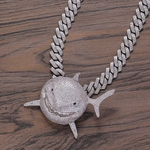 Hip Hop Shark Pendant Necklace Iced Out Copper Zircon Gold Silver Plated Cuban Link Chain Jewelry For Men