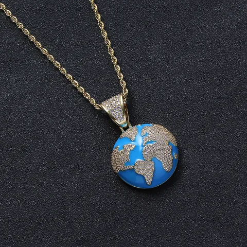 Hip Hop Blue Globe Earth Pendant Necklace Copper Zirconia Enamel Jewelry With Stainless Steel Rope Chain For Men Women