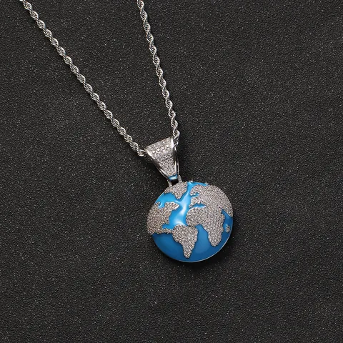 Hip Hop Blue Globe Earth Pendant Necklace Copper Zirconia Enamel Jewelry With Stainless Steel Rope Chain For Men Women