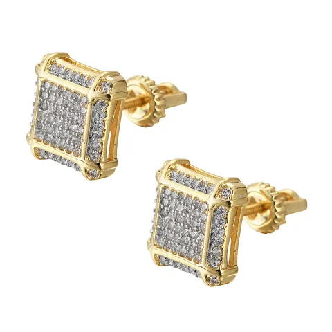 Hip Hop Square Stud Earrings Gold Silver Plated Copper Micro Pave Zirconia Screw Back Iced Out Fashion Jewelry For Unisex