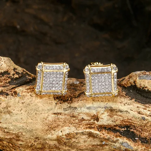 Hip Hop Square Stud Earrings Gold Silver Plated Copper Micro Pave Zirconia Screw Back Iced Out Fashion Jewelry For Unisex