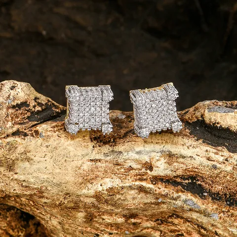 Hiphop Men Square Iced Out Stud Earrings Copper Gold Plated Cubic Zirconia Screw Back Luxury Jewelry Gift For Him