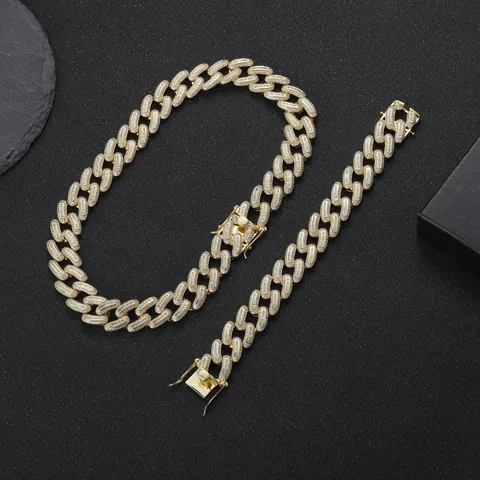 Collana Bracciale Maglia Cubana Iced Out Per Uomo Rame Micro Incastonatura Zirconia Gioielli Hip Hop Accessorio Oro Argento