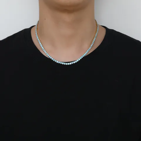 4mm Sea Blue Zirconia Tennis Chain Necklace Bracelet Copper Gold Silver Plated Hip Hop Fashion Jewelry For Men Women