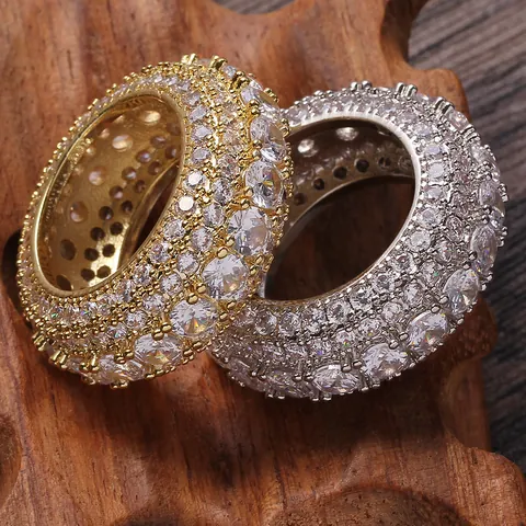 Bague Hip Hop Iced Out pour Hommes en Cuivre Zircone AAA Multi-rangs Pavé Complet Plaqué Or Argent Bijoux Streetwear Mode Individuelle