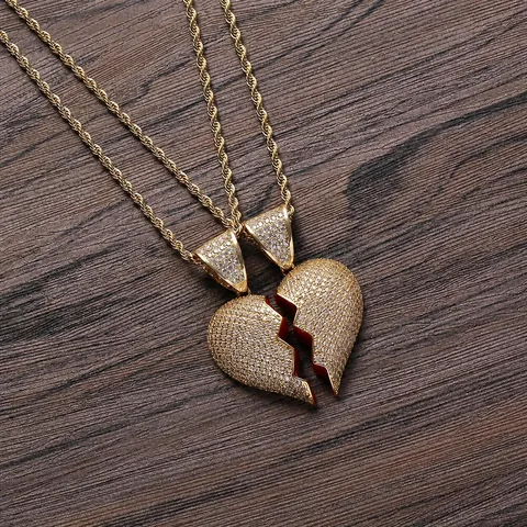 Collana con Pendente a Cuore Infranto Iced Out Hip Hop per Coppie in Rame Placcato Oro Argento Zirconia Catena a Corda Acciaio