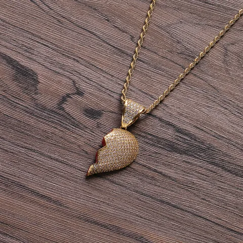 Collana con Pendente a Cuore Infranto Iced Out Hip Hop per Coppie in Rame Placcato Oro Argento Zirconia Catena a Corda Acciaio