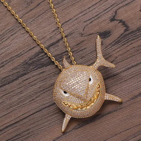 Hip Hop Iced Out Shark Pendant Necklace Gold Silver Plated Copper Zirconia Animal Shape Jewelry With Stainless Steel Twisted Rope Chain For Men Women