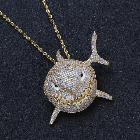Hip Hop Iced Out Shark Pendant Necklace Gold Silver Plated Copper Zirconia Animal Shape Jewelry With Stainless Steel Twisted Rope Chain For Men Women
