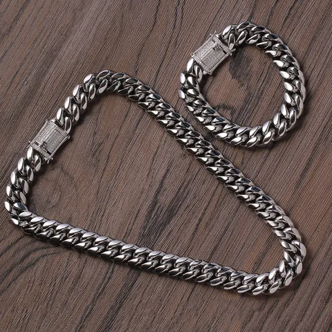 Stainless Steel Cuban Link Necklace With Copper Zirconia Box Clasp Hip Hop Iced Out Chain For Men Party Jewelry