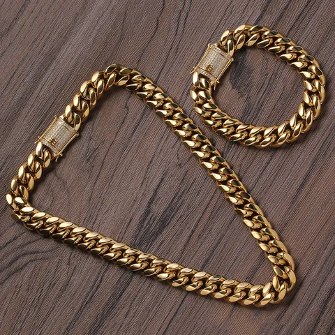 Stainless Steel Cuban Link Necklace With Copper Zirconia Box Clasp Hip Hop Iced Out Chain For Men Party Jewelry