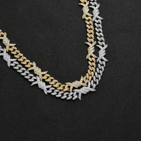 Iced Out 10mm Copper Zirconia Cuban Link Chain Barbed Wire X Design Necklace Bracelet Hip Hop Jewelry For Men Women Gold Silver Plated