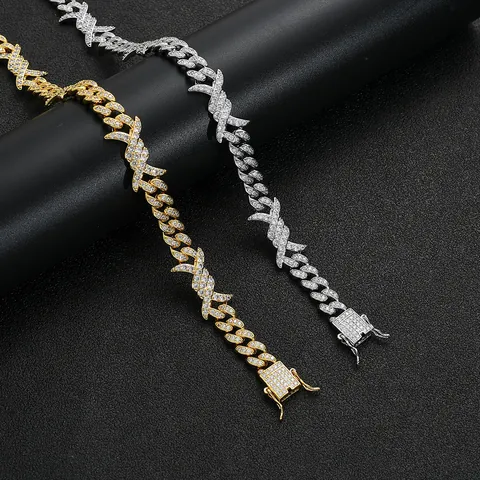 Iced Out 10mm Copper Zirconia Cuban Link Chain Barbed Wire X Design Necklace Bracelet Hip Hop Jewelry For Men Women Gold Silver Plated