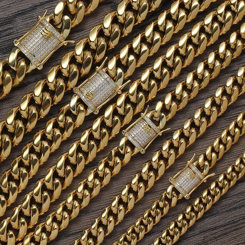 Hip Hop Stainless Steel Cuban Link Chain Necklace Bracelet With Copper Micro Pave Zirconia Box Clasp Gold Silver Plated Jewelry For Men Women