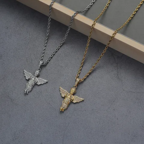 Hip Hop Iced Out Praying Angel Pendant Necklace For Men Women Gold Silver Plated Copper Zirconia Angel Wing Jewelry With Stainless Steel Rope Chain