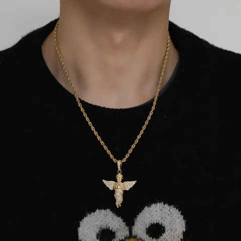 Hip Hop Iced Out Praying Angel Pendant Necklace For Men Women Gold Silver Plated Copper Zirconia Angel Wing Jewelry With Stainless Steel Rope Chain