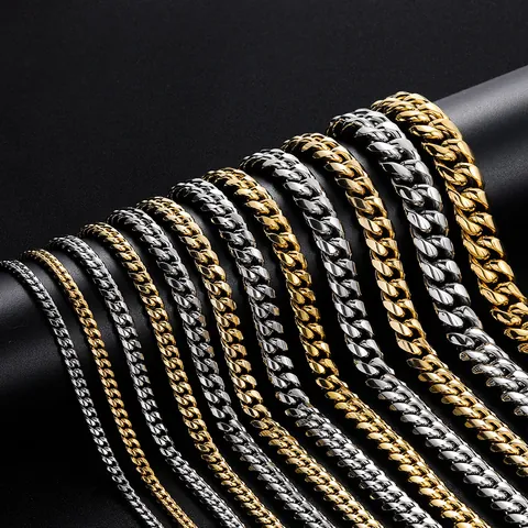 Men Hip Hop Stainless Steel Cuban Link Chain Necklace Gold Steel Color Polished Heavy Metal Jewelry For Daily Party Wear