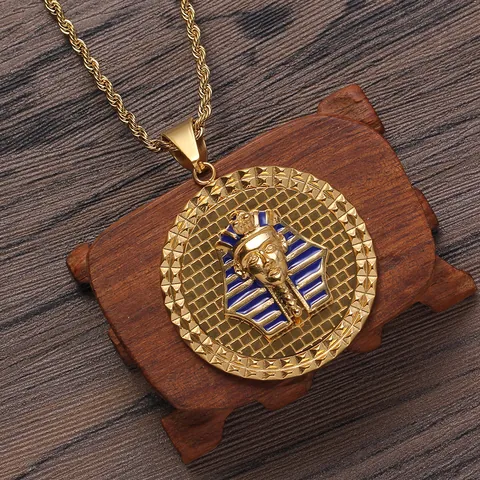 Collier Pendentif Pharaon Égyptien en Acier Inoxydable pour Hommes Hip Hop Plaqué Or Sphinx Rond Relief Émail Chaîne Torsadée Bijoux