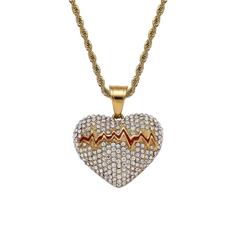 Collana Con Ciondolo a Forma di Cuore Spezzato e Battito Cardiaco Iced Out in Acciaio Inossidabile Hip Hop per Uomo Donna Gioielli Con Catena a Corda Placcata Oro Argento