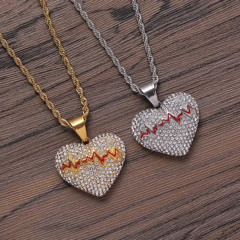 Collana Con Ciondolo a Forma di Cuore Spezzato e Battito Cardiaco Iced Out in Acciaio Inossidabile Hip Hop per Uomo Donna Gioielli Con Catena a Corda Placcata Oro Argento