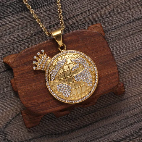 Hip Hop Stainless Steel Crown Earth Pendant Necklace Gold Plated Rhinestone Pave Globe Necklace For Men Women Jewelry